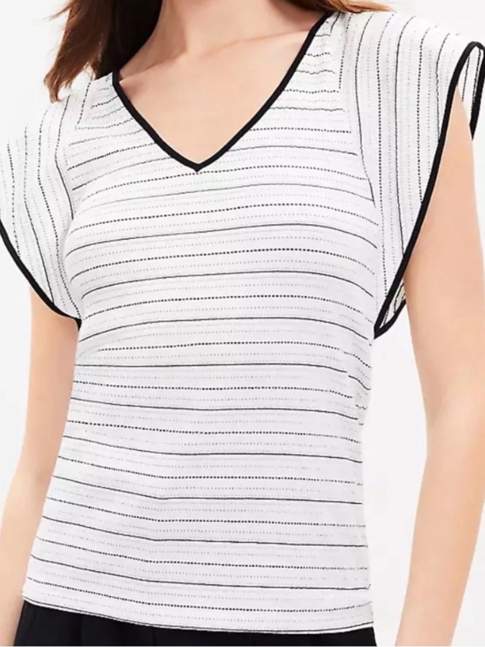 Loft Size Large Striped V-Neck Flutter Sleeve Top - White with Black Trim